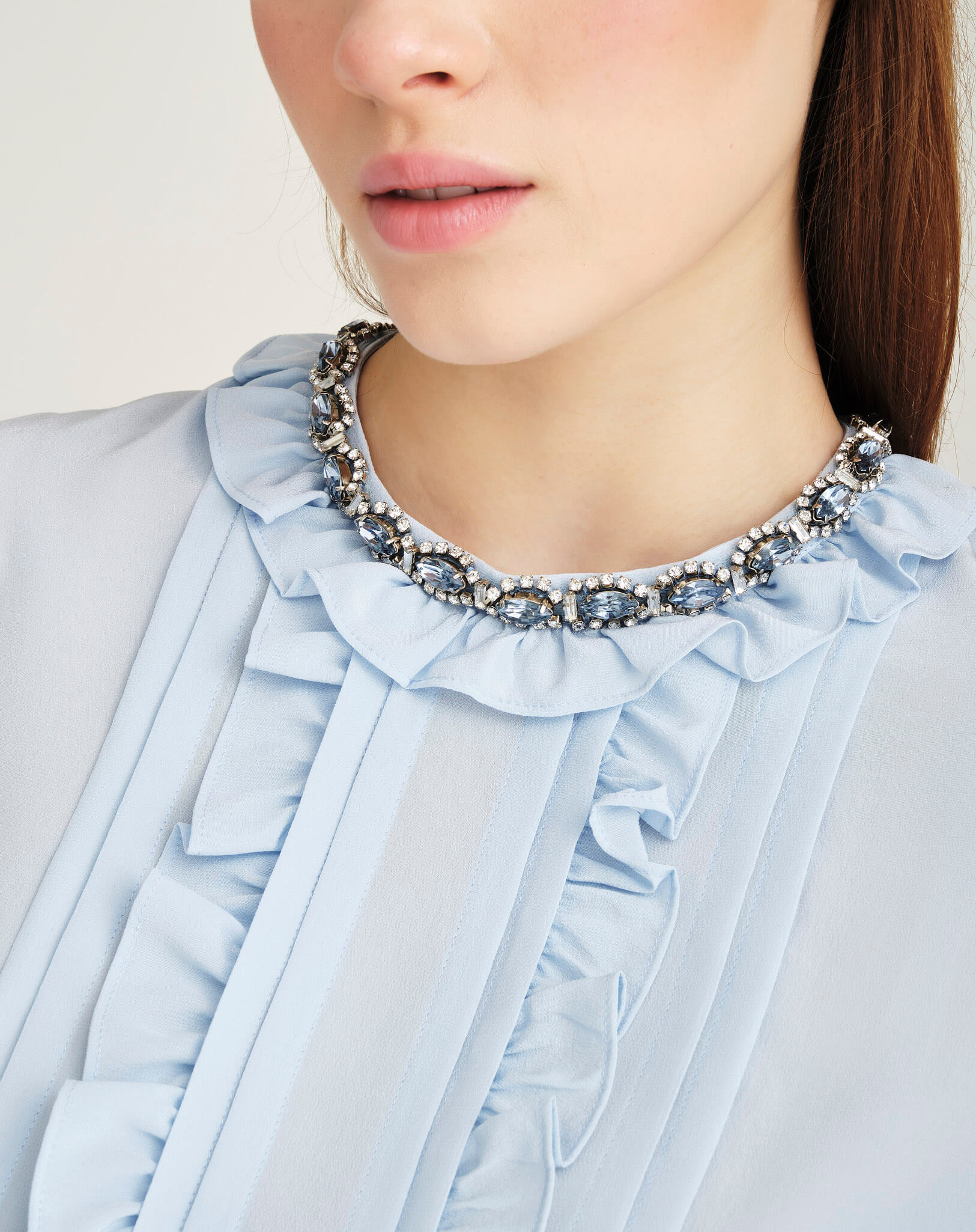 Miu Miu - Baby Blue Ruffled Crystal Collar Embellished Blouse IT 42